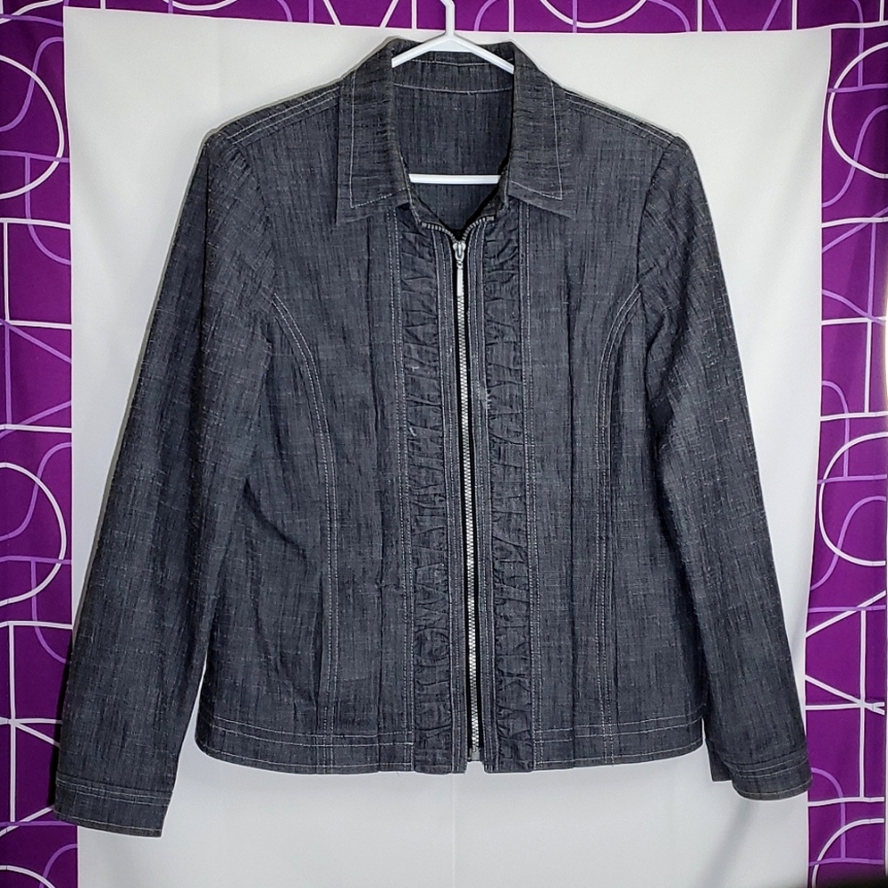 Denim-Look Long Slv Lined Zip Jacket/Blazer with Ruching & Pockets - Large